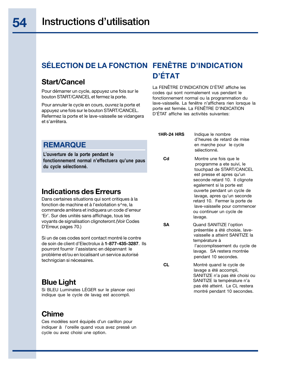 Instructions d’utilisation, Sélection de la fonction, Fenêtre d’indication d’état | Indications des erreurs, Blue light, Start/cancel, Remarque, Chime | Electrolux EIDW6405HT User Manual | Page 54 / 72