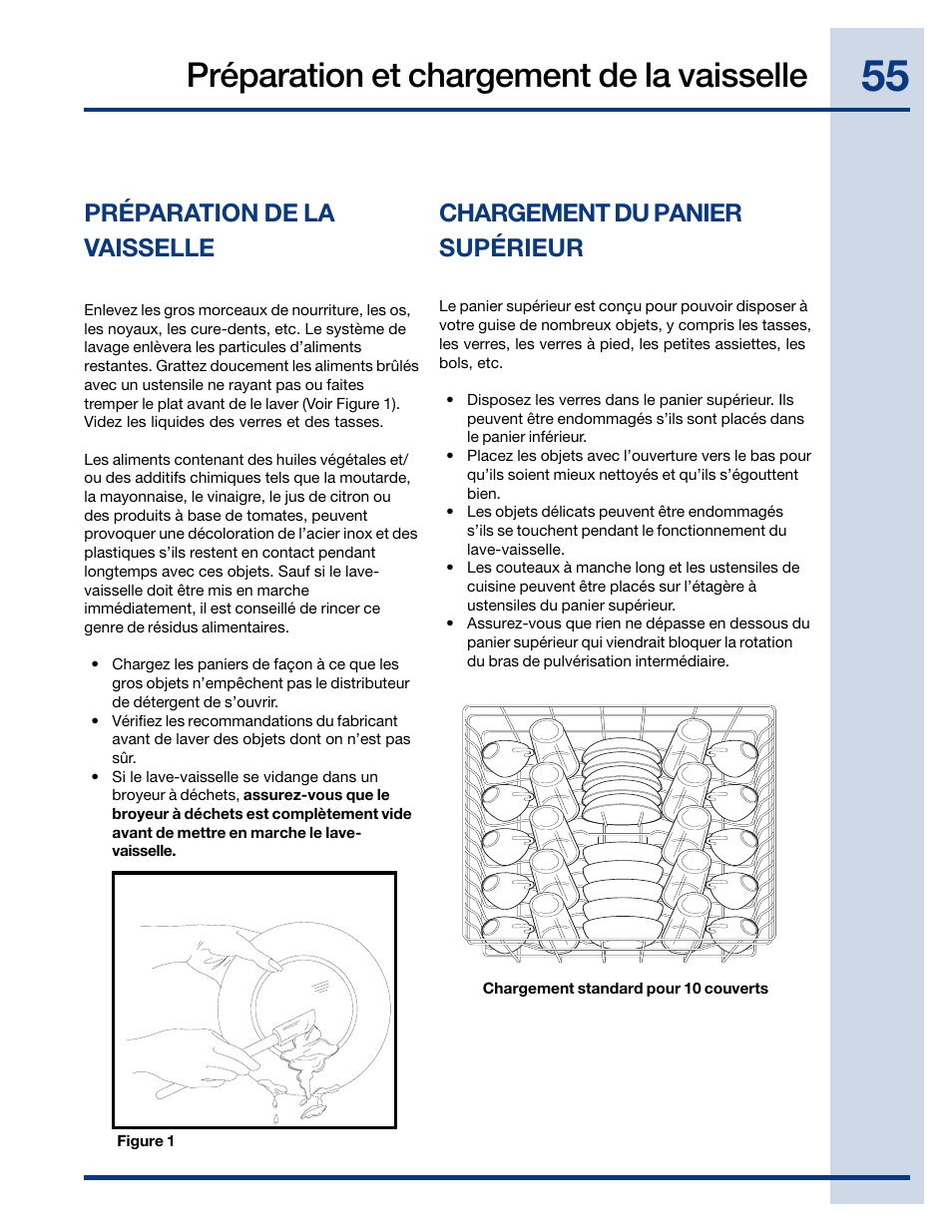 Préparation et chargement de la vaisselle, Chargement du panier supérieur, Préparation de la vaisselle | Electrolux EIDW6405HT User Manual | Page 55 / 72