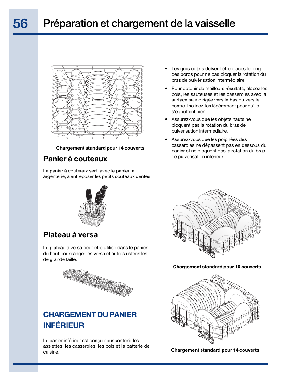 Préparation et chargement de la vaisselle, Plateau à versa, Chargement du panier inférieur panier à couteaux | Electrolux EIDW6405HT User Manual | Page 56 / 72