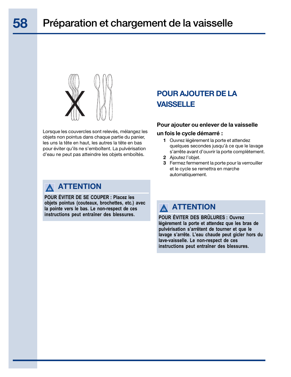 Préparation et chargement de la vaisselle, Pour ajouter de la vaisselle, Attention | Electrolux EIDW6405HT User Manual | Page 58 / 72