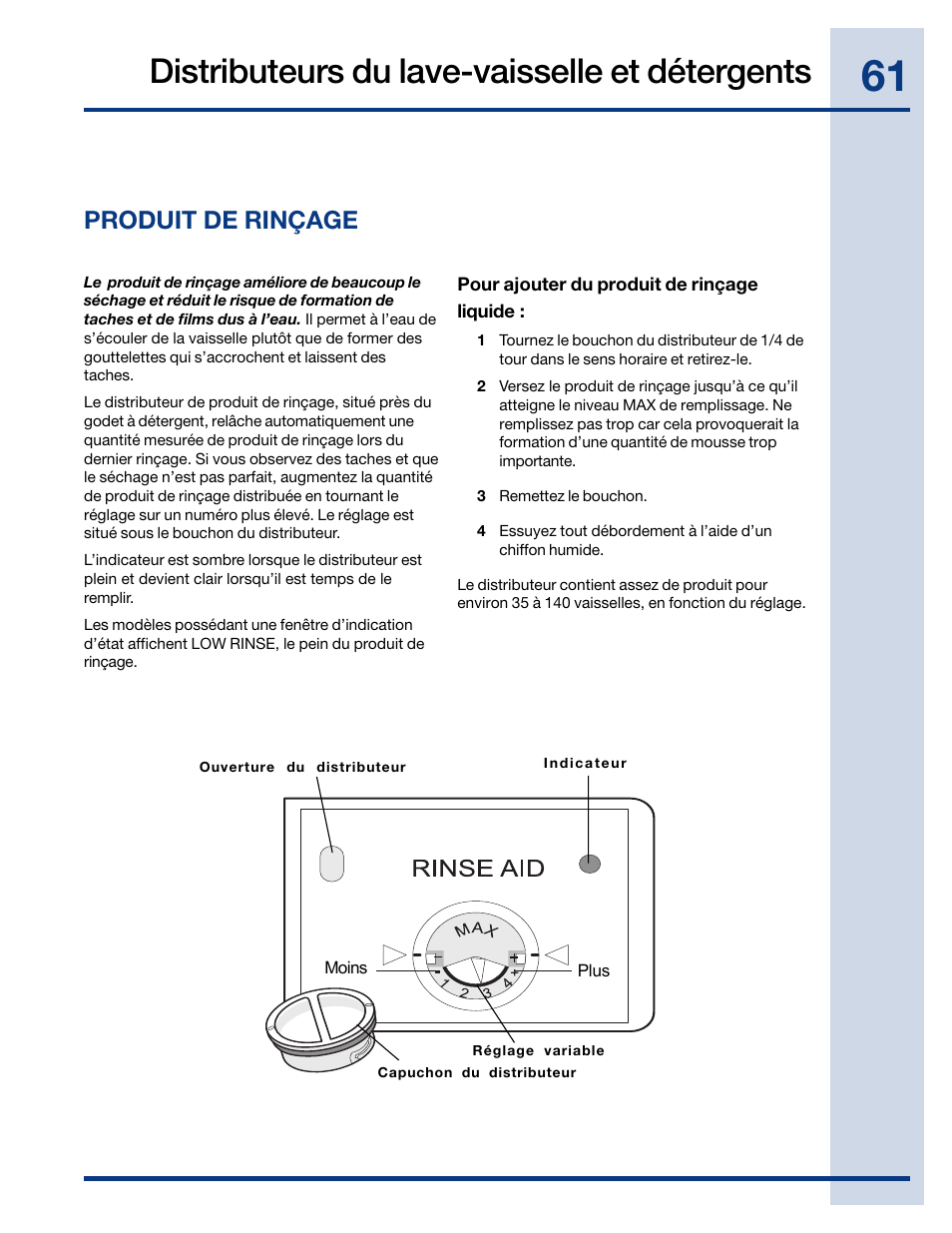 Distributeurs du lave-vaisselle et détergents, Produit de rinçage | Electrolux EIDW6405HT User Manual | Page 61 / 72