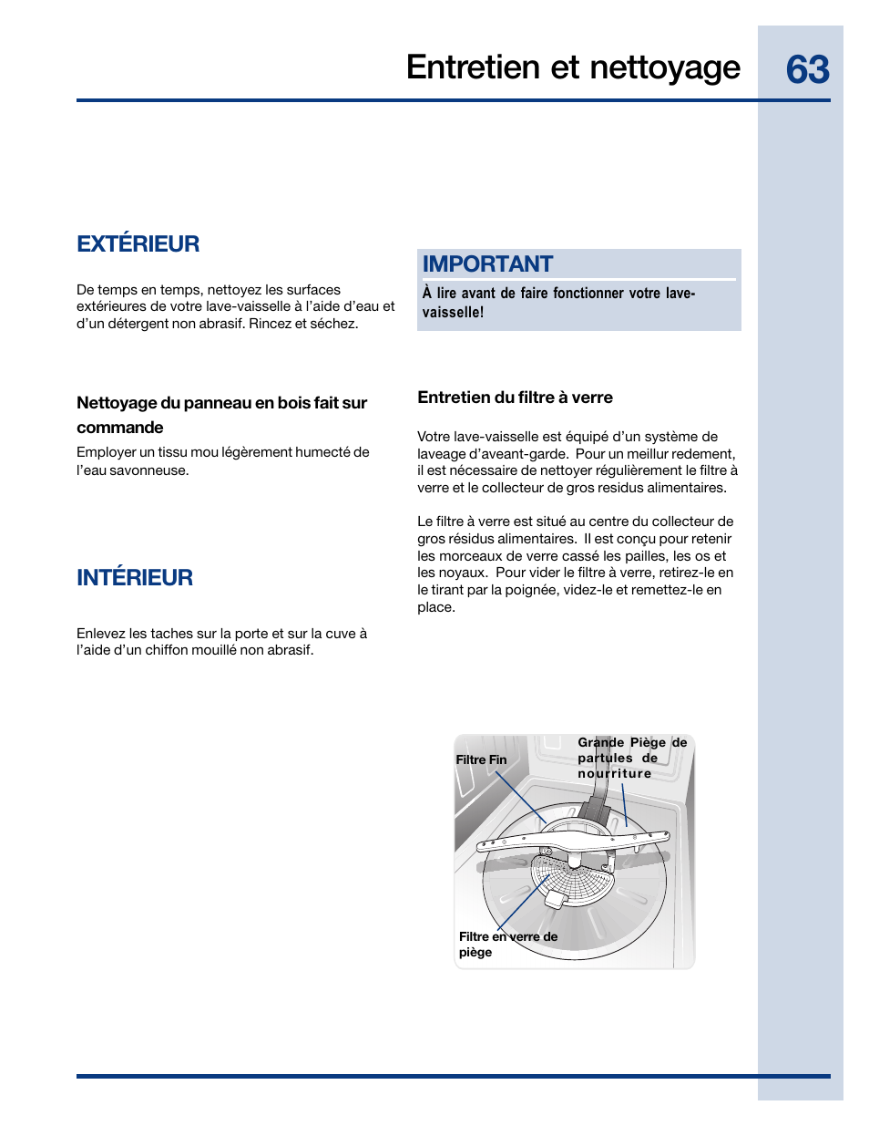 Entretien et nettoyage, Extérieur, Intérieur | Important | Electrolux EIDW6405HT User Manual | Page 63 / 72