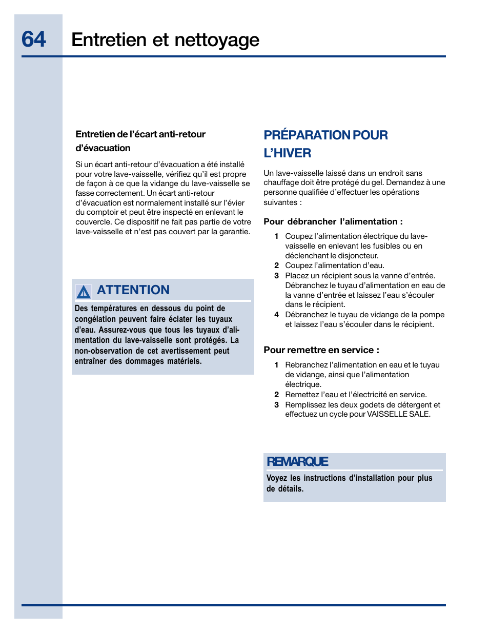 Entretien et nettoyage, Attention, Préparation pour l’hiver | Remarque | Electrolux EIDW6405HT User Manual | Page 64 / 72
