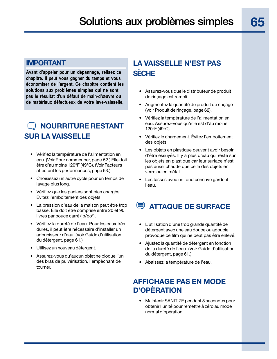 Solutions aux problèmes simples, Important, La vaisselle n’est pas sèche | Attaque de surface, Affichage pas en mode d’opèration, Nourriture restant sur la vaisselle | Electrolux EIDW6405HT User Manual | Page 65 / 72