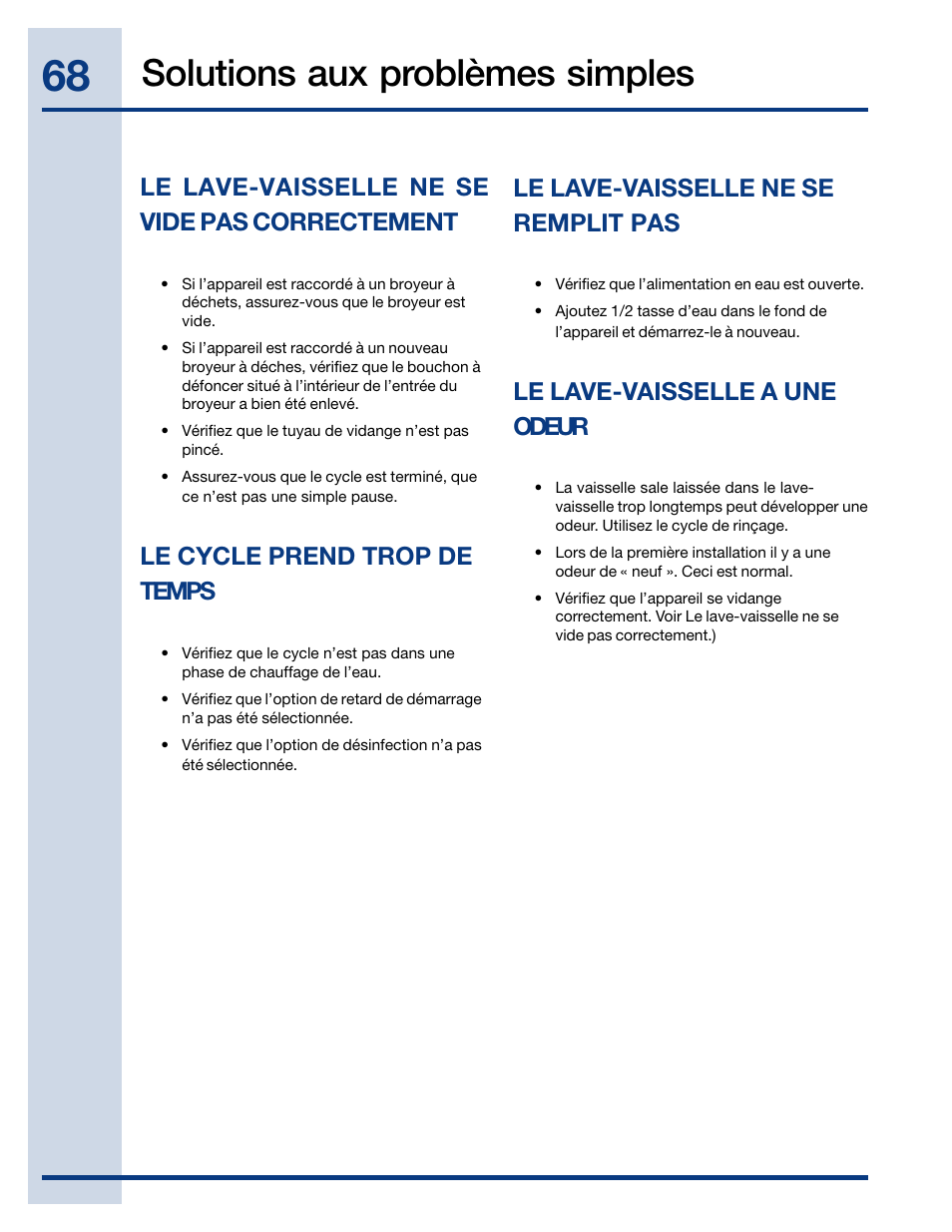 Solutions aux problèmes simples, Le lave-vaisselle ne se vide pas correctement, Le cycle prend trop de temps | Le lave-vaisselle ne se remplit pas, Le lave-vaisselle a une odeur | Electrolux EIDW6405HT User Manual | Page 68 / 72