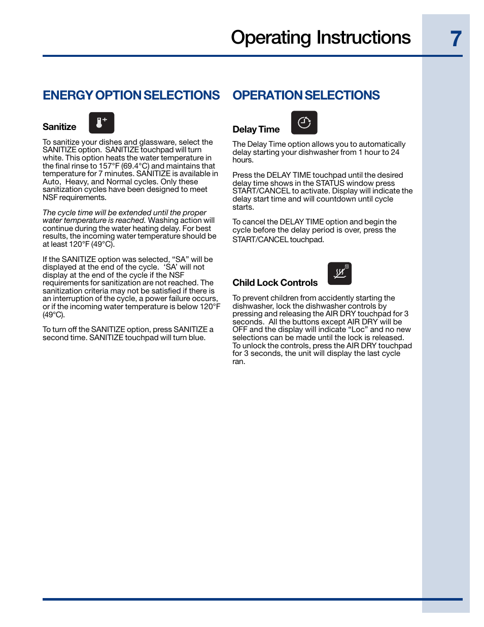 Operating instructions, Energy option selections, Operation selections | Electrolux EIDW6405HT User Manual | Page 7 / 72