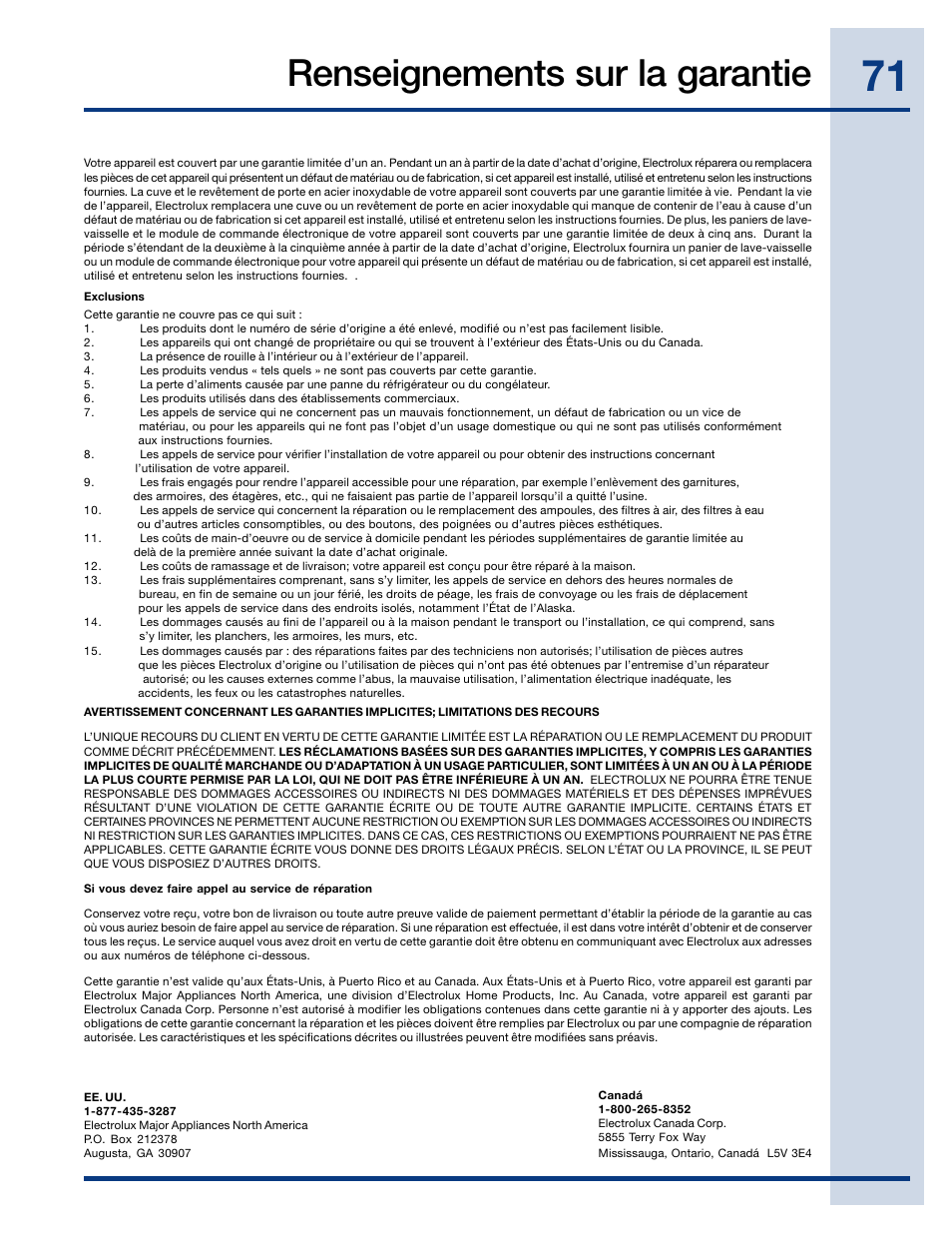 Renseignements sur la garantie | Electrolux EIDW6405HT User Manual | Page 71 / 72