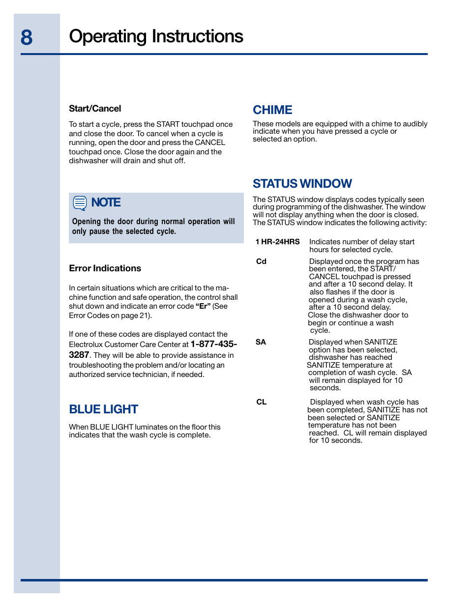 Operating instructions, Blue light chime | Electrolux EIDW6405HT User Manual | Page 8 / 72