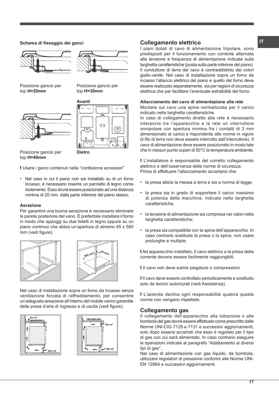 Collegamento elettrico, Collegamento gas | Hotpoint Ariston PH 640MST (AV) R-HA User Manual | Page 17 / 84