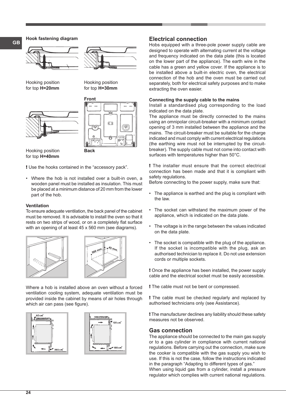 Electrical connection, Gas connection | Hotpoint Ariston PH 640MST (AV) R-HA User Manual | Page 24 / 84