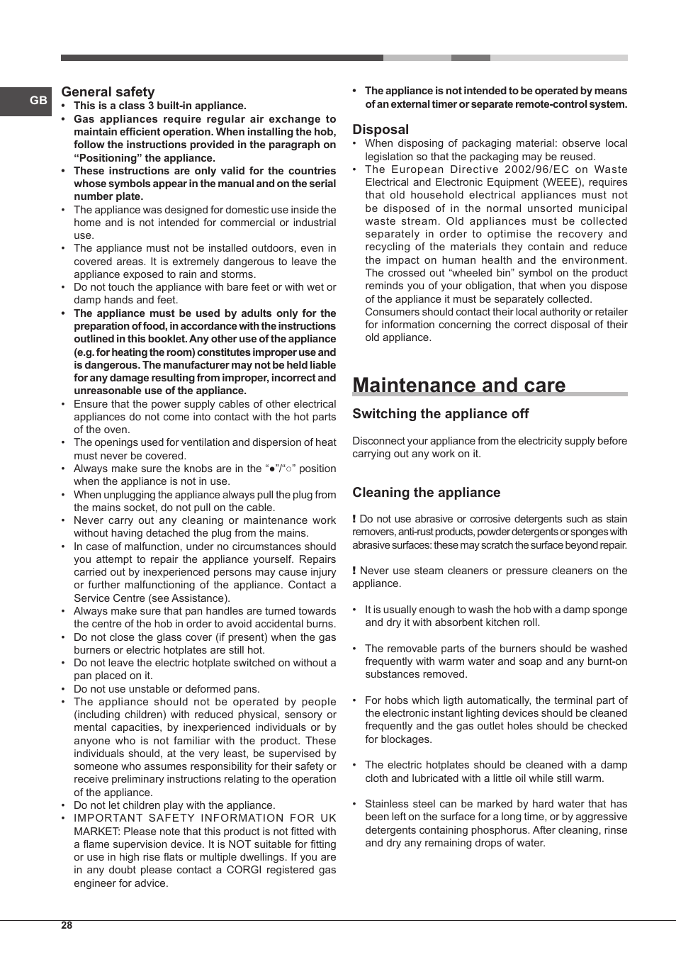 Maintenance and care, General safety, Disposal | Switching the appliance off, Cleaning the appliance | Hotpoint Ariston PH 640MST (AV) R-HA User Manual | Page 28 / 84