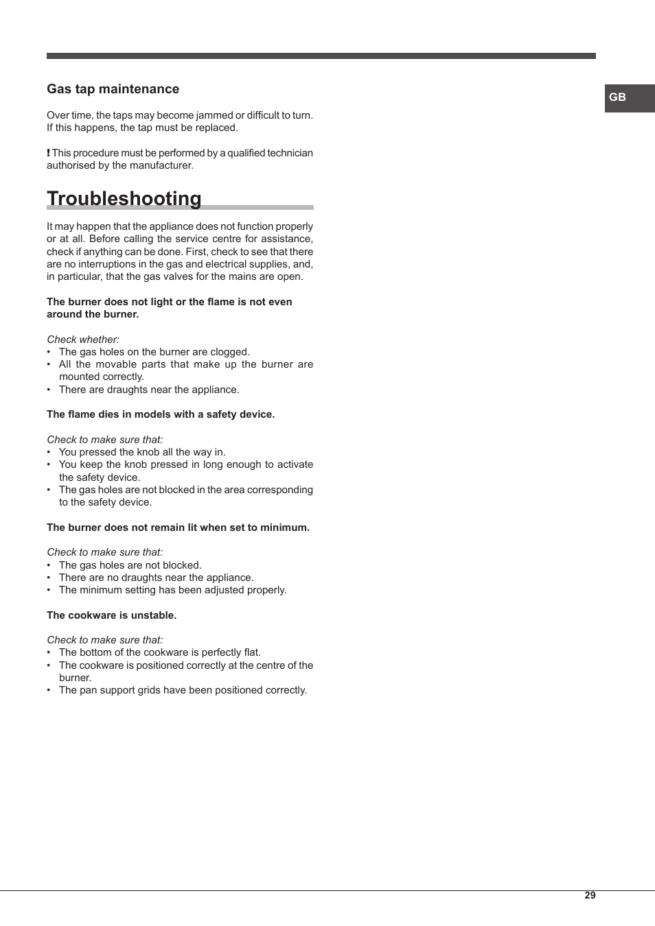 Troubleshooting, Gas tap maintenance | Hotpoint Ariston PH 640MST (AV) R-HA User Manual | Page 29 / 84