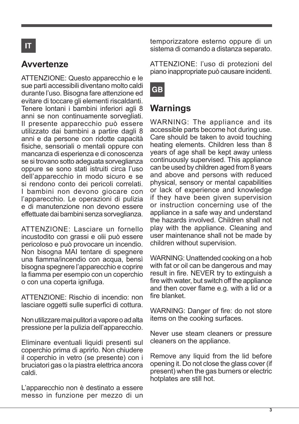 Avvertenze, Warnings | Hotpoint Ariston PH 640MST (AV) R-HA User Manual | Page 3 / 84