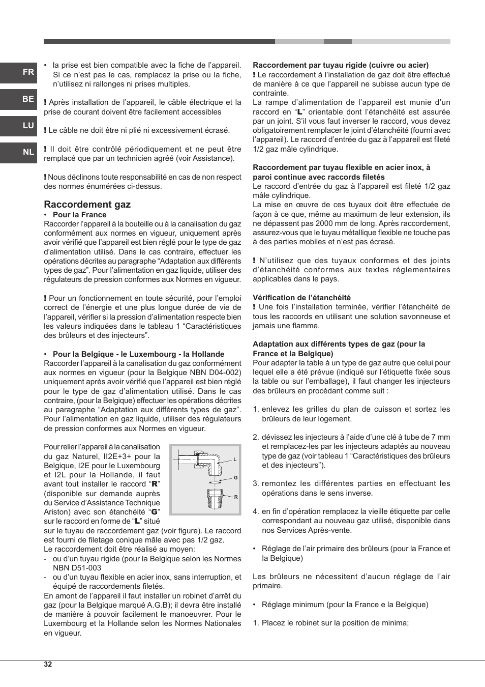 Raccordement gaz | Hotpoint Ariston PH 640MST (AV) R-HA User Manual | Page 32 / 84