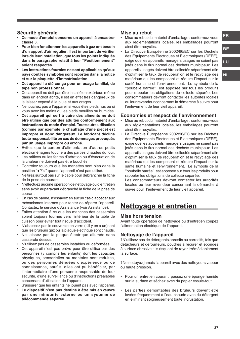 Nettoyage et entretien, Sécurité générale, Mise au rebut | Economies et respect de l’environnement, Mise hors tension, Nettoyage de l’appareil | Hotpoint Ariston PH 640MST (AV) R-HA User Manual | Page 37 / 84