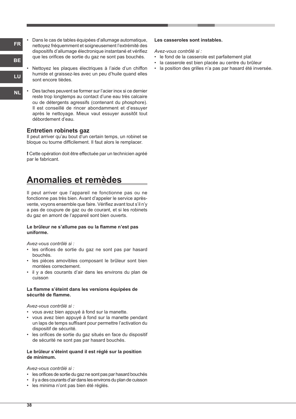 Anomalies et remèdes, Entretien robinets gaz | Hotpoint Ariston PH 640MST (AV) R-HA User Manual | Page 38 / 84