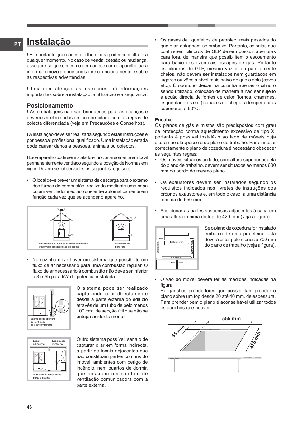 Instalação, Posicionamento | Hotpoint Ariston PH 640MST (AV) R-HA User Manual | Page 46 / 84