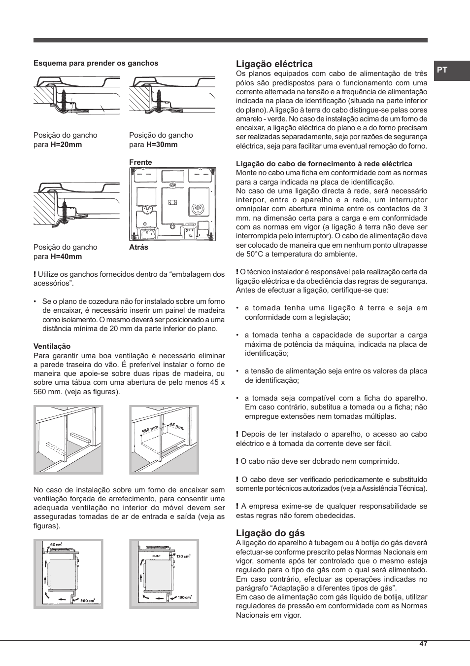 Ligação eléctrica, Ligação do gás | Hotpoint Ariston PH 640MST (AV) R-HA User Manual | Page 47 / 84