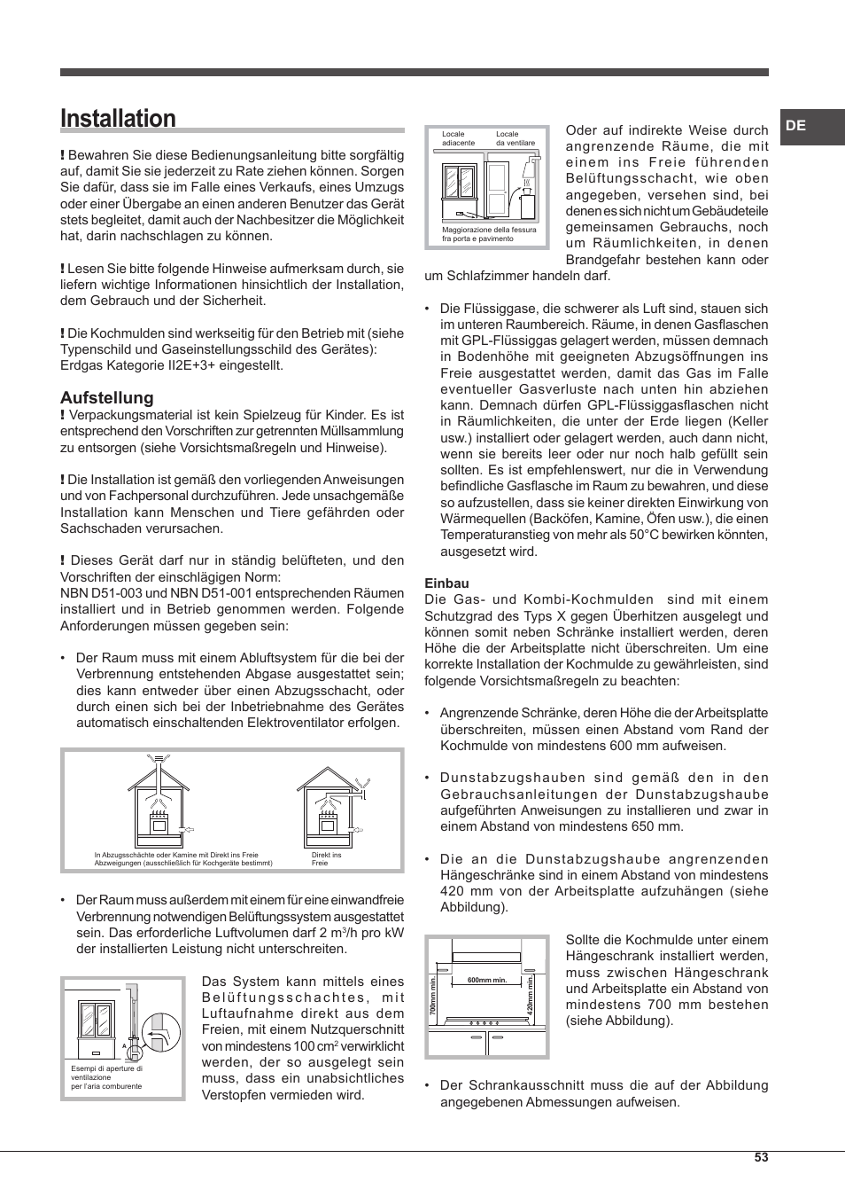 Installation, Aufstellung | Hotpoint Ariston PH 640MST (AV) R-HA User Manual | Page 53 / 84