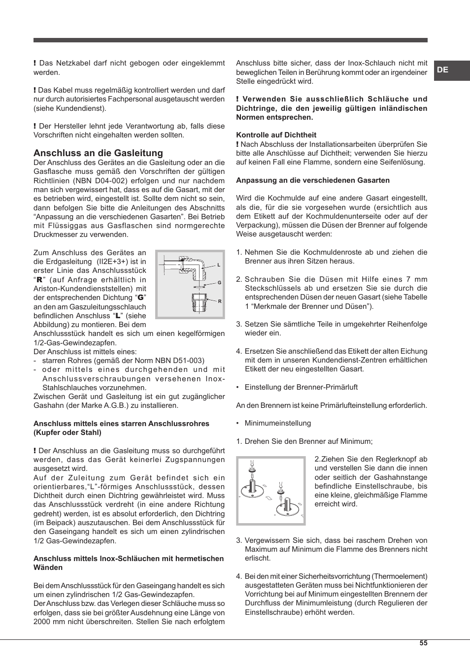 Anschluss an die gasleitung | Hotpoint Ariston PH 640MST (AV) R-HA User Manual | Page 55 / 84