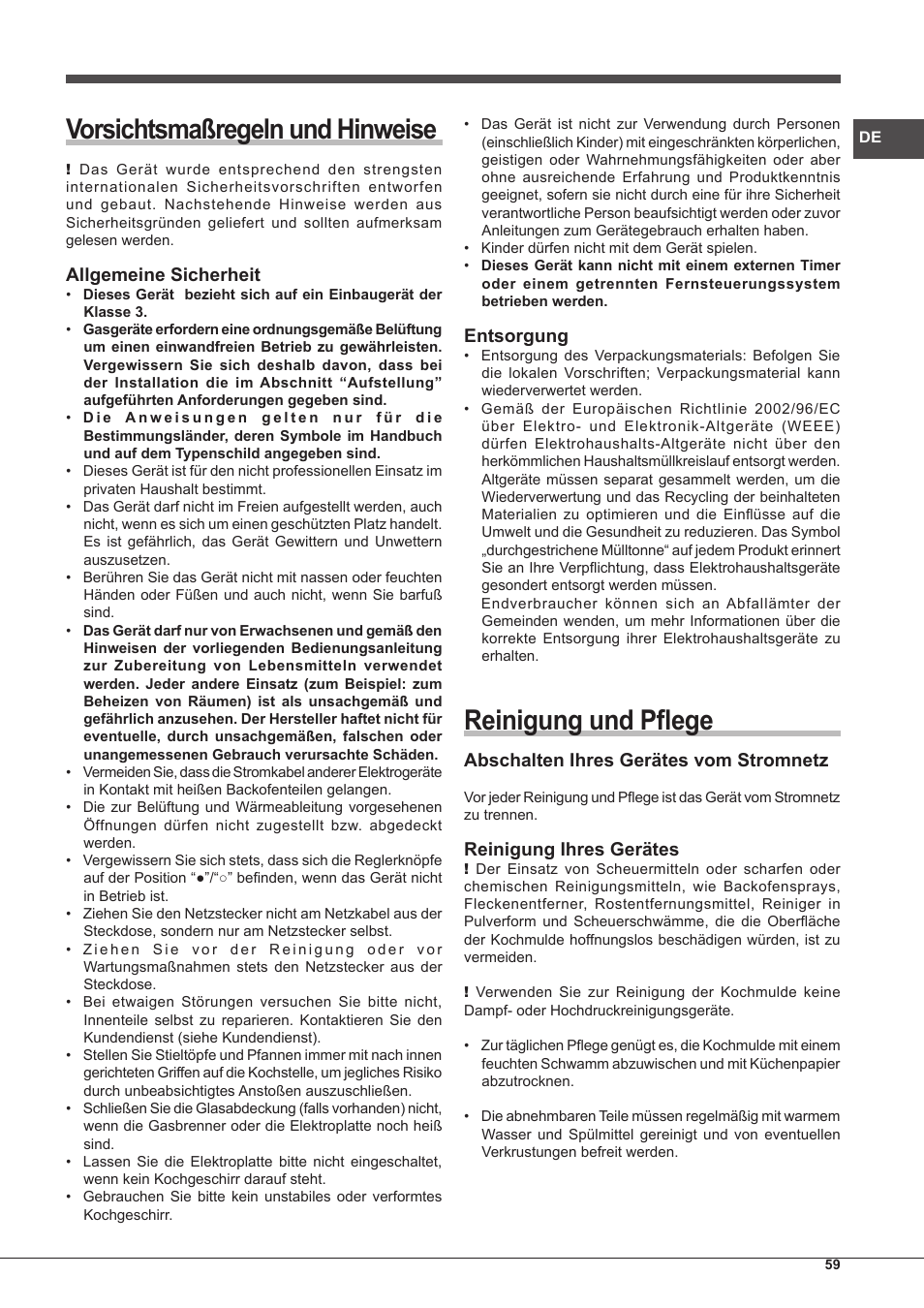 Vorsichtsmaßregeln und hinweise, Reinigung und pflege, Allgemeine sicherheit | Entsorgung, Abschalten ihres gerätes vom stromnetz, Reinigung ihres gerätes | Hotpoint Ariston PH 640MST (AV) R-HA User Manual | Page 59 / 84