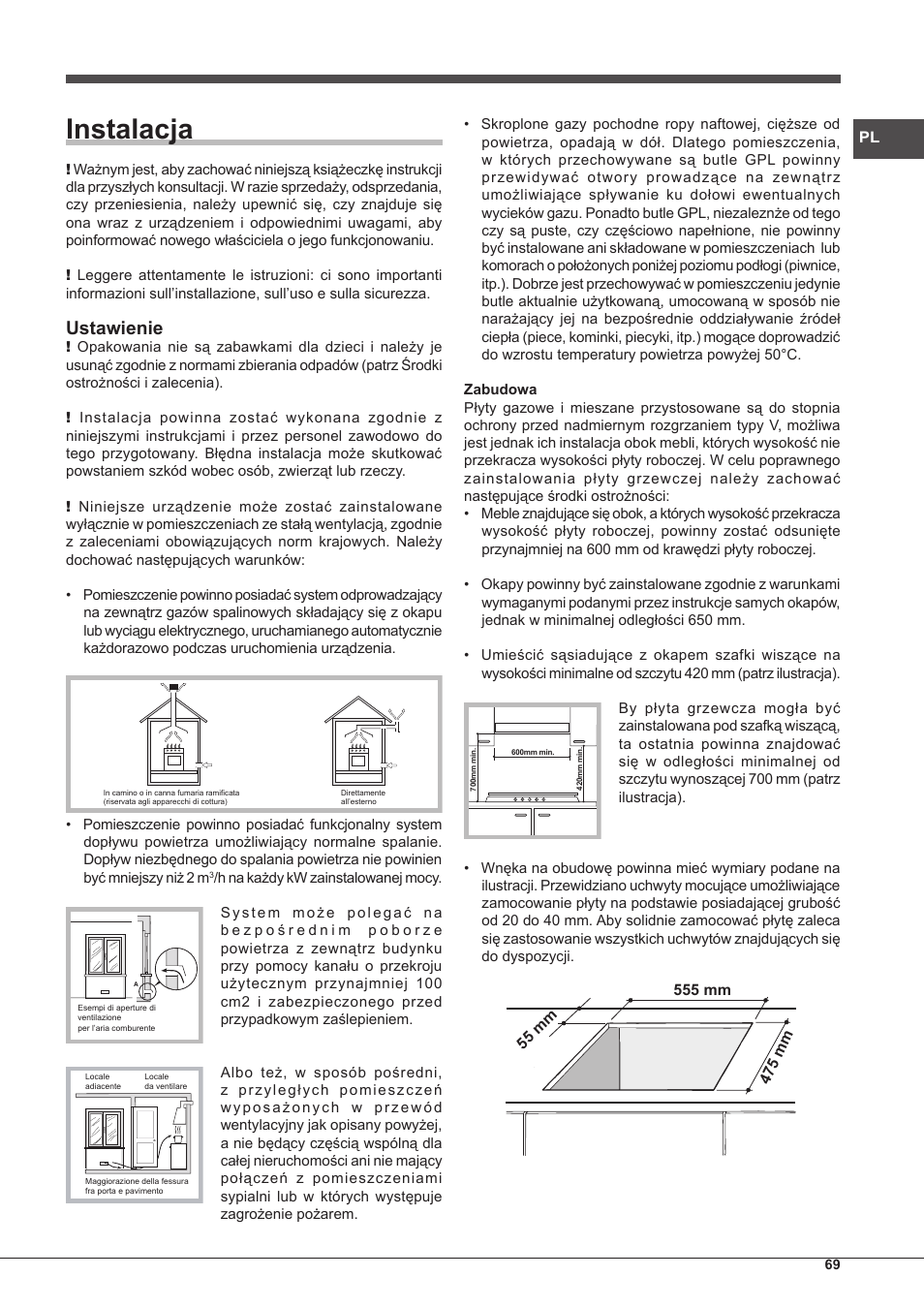 Instalacja, Ustawienie | Hotpoint Ariston PH 640MST (AV) R-HA User Manual | Page 69 / 84