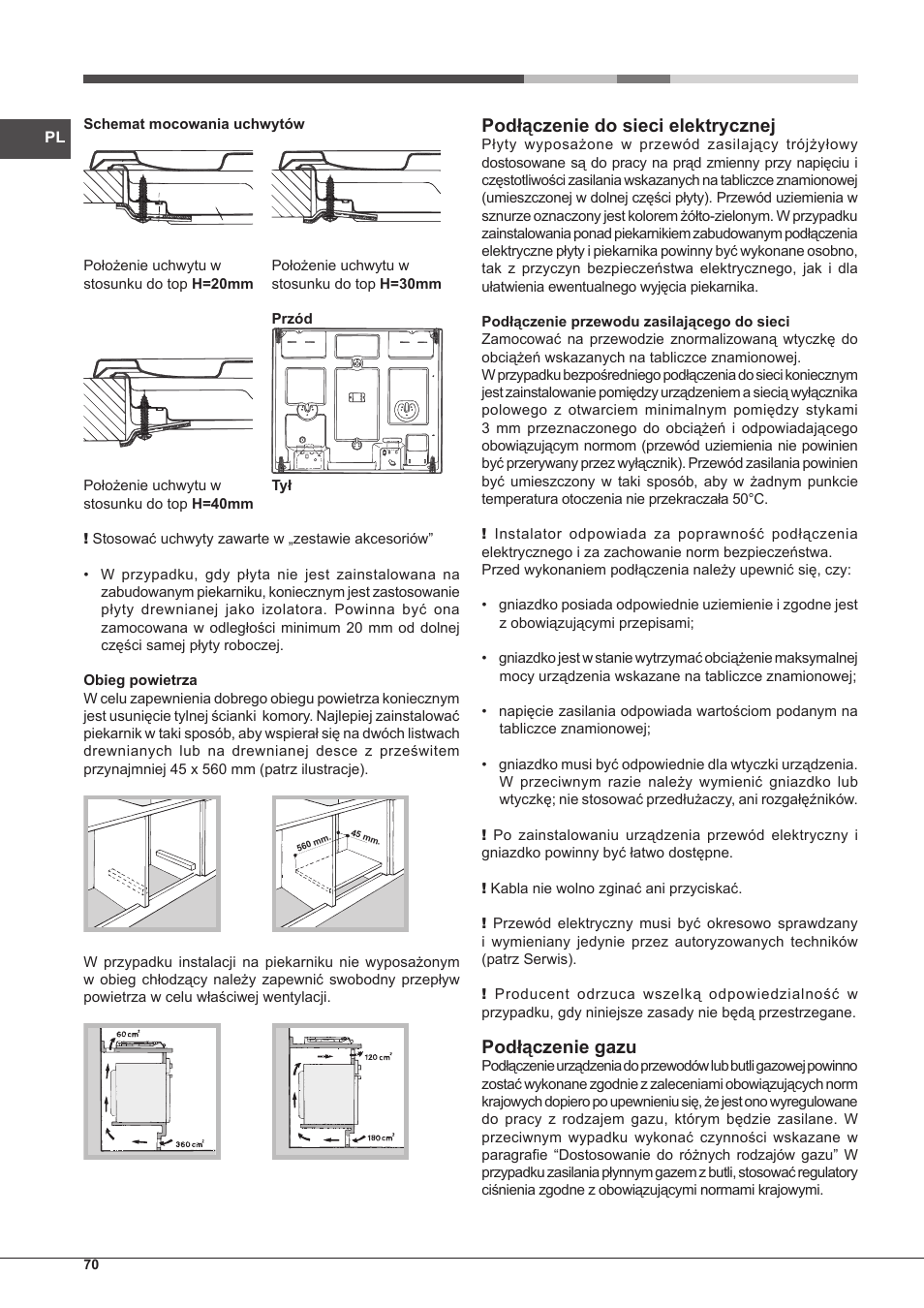 Podłączenie do sieci elektrycznej, Podłączenie gazu | Hotpoint Ariston PH 640MST (AV) R-HA User Manual | Page 70 / 84