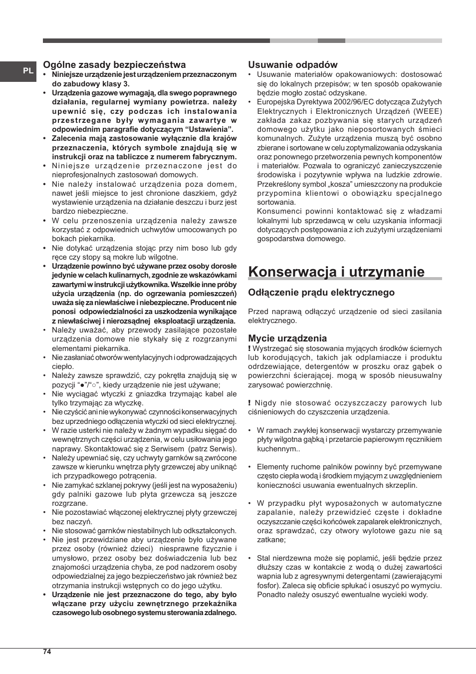 Konserwacja i utrzymanie, Ogólne zasady bezpieczeństwa, Usuwanie odpadów | Odłączenie prądu elektrycznego, Mycie urządzenia | Hotpoint Ariston PH 640MST (AV) R-HA User Manual | Page 74 / 84