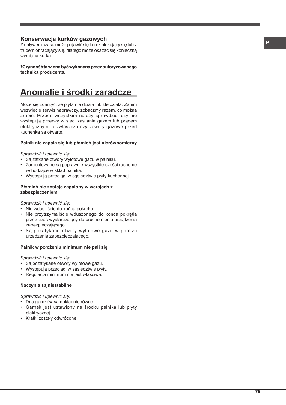 Anomalie i środki zaradcze, Konserwacja kurków gazowych | Hotpoint Ariston PH 640MST (AV) R-HA User Manual | Page 75 / 84