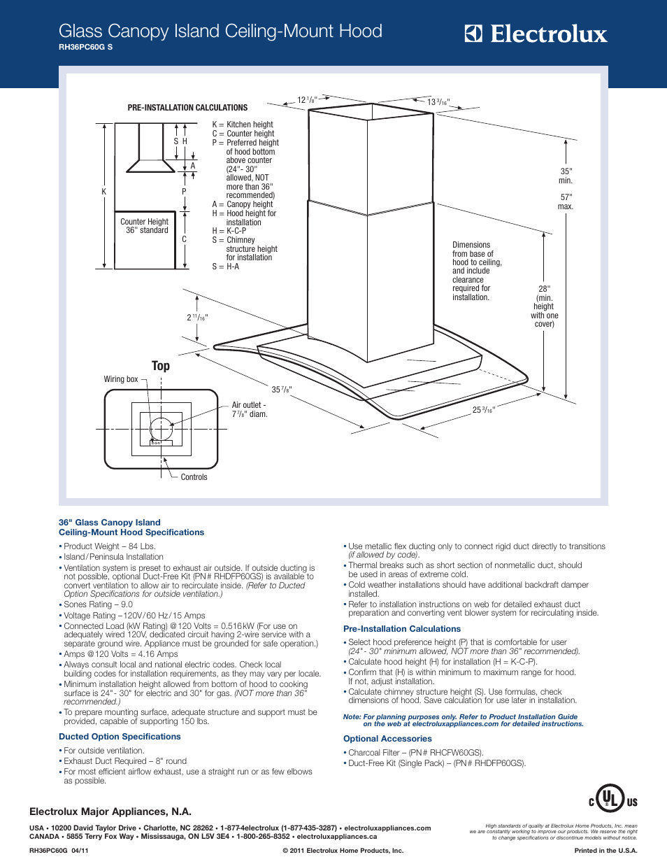 Glass canopy island ceiling-mount hood, Electrolux major appliances, n.a | Electrolux RH36PC60GS User Manual | Page 2 / 2