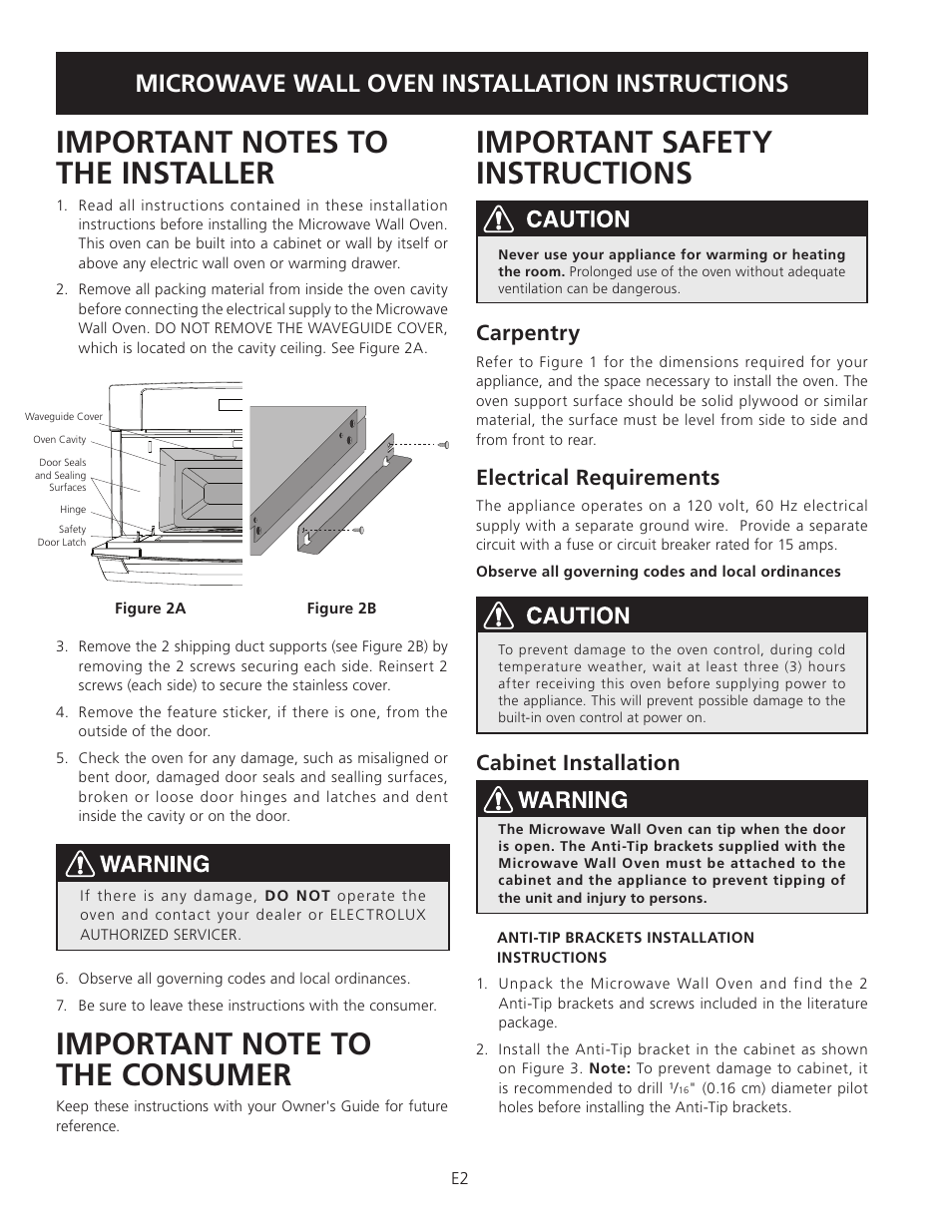 Important safety instructions, Microwave wall oven installation instructions, Carpentry | Electrical requirements, Cabinet installation | Electrolux EW30SO60LS User Manual | Page 2 / 12