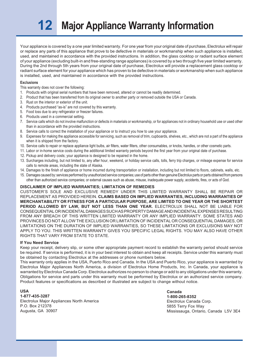 Major appliance warranty information | Electrolux EW30WD55GS User Manual | Page 12 / 12
