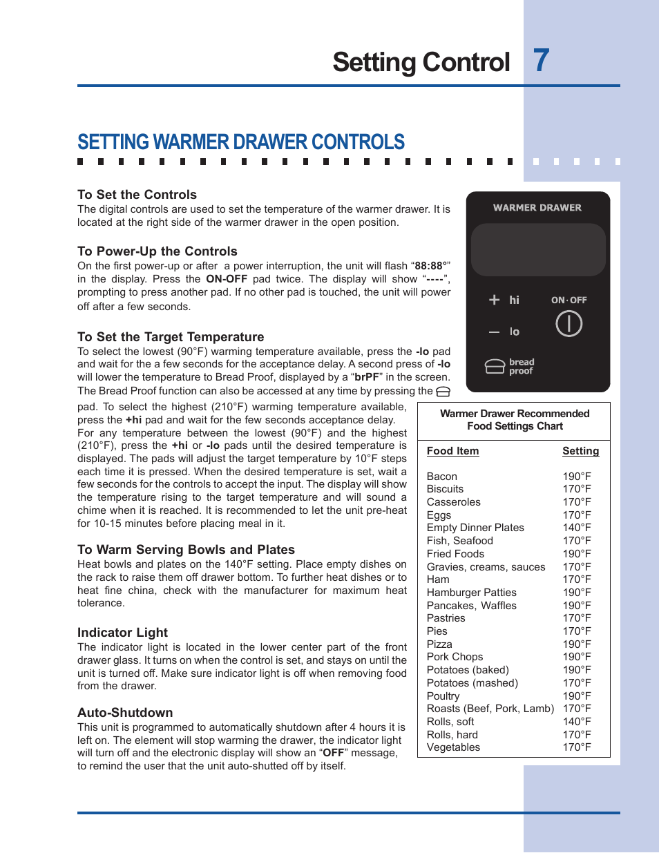 Setting control, Setting warmer drawer controls | Electrolux EW30WD55GS User Manual | Page 7 / 12