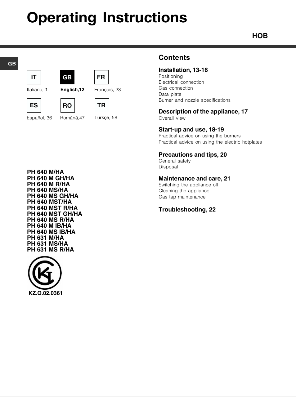 Operating instructions, Hob contents | Hotpoint Ariston PH 631MS (WH)-HA User Manual | Page 12 / 68