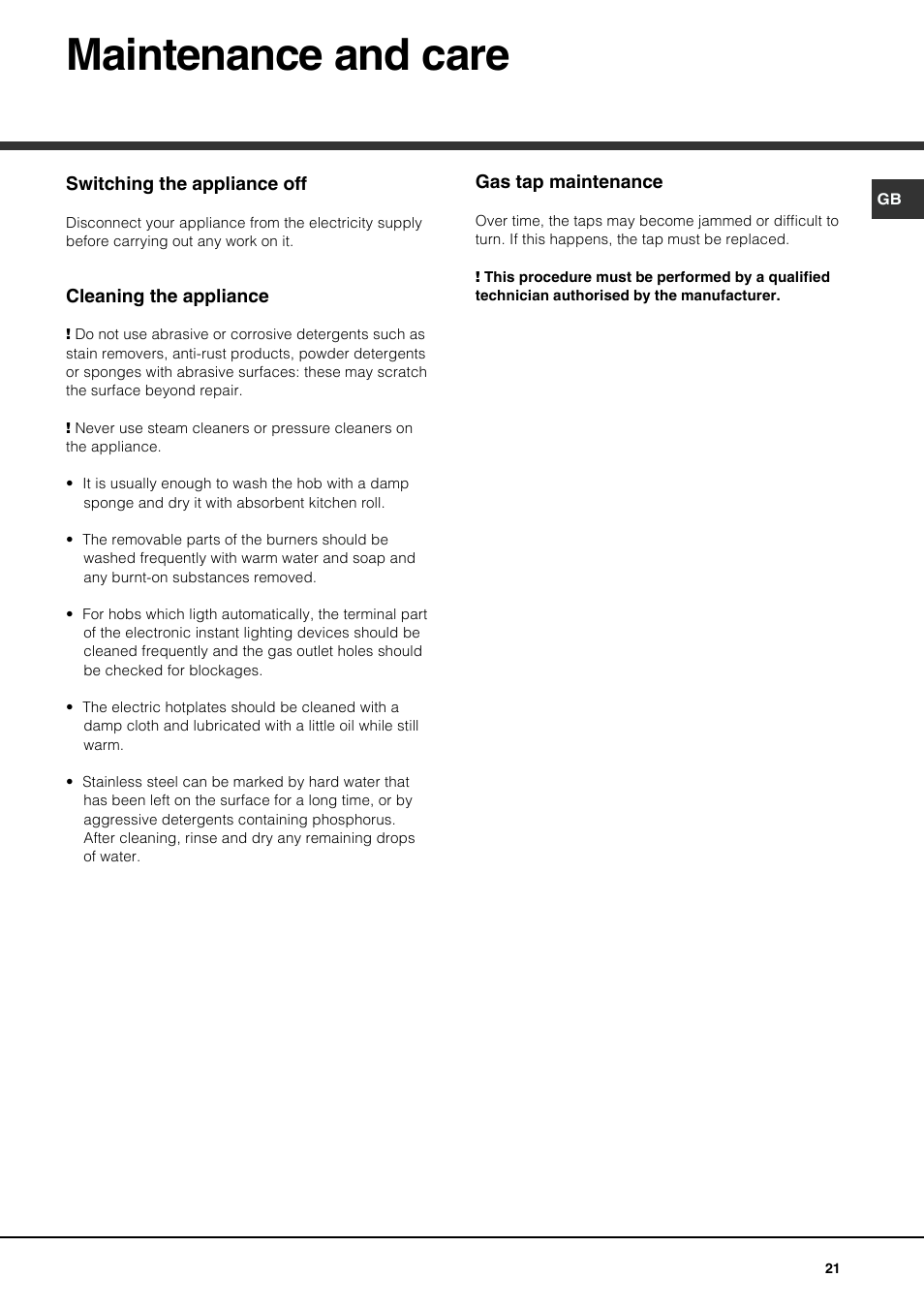 Maintenance and care | Hotpoint Ariston PH 631MS (WH)-HA User Manual | Page 21 / 68