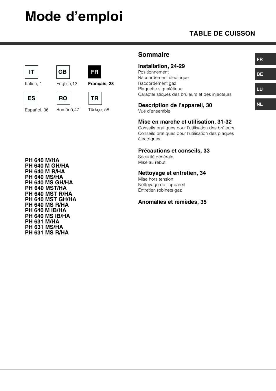 Mode d’emploi, Table de cuisson sommaire | Hotpoint Ariston PH 631MS (WH)-HA User Manual | Page 23 / 68