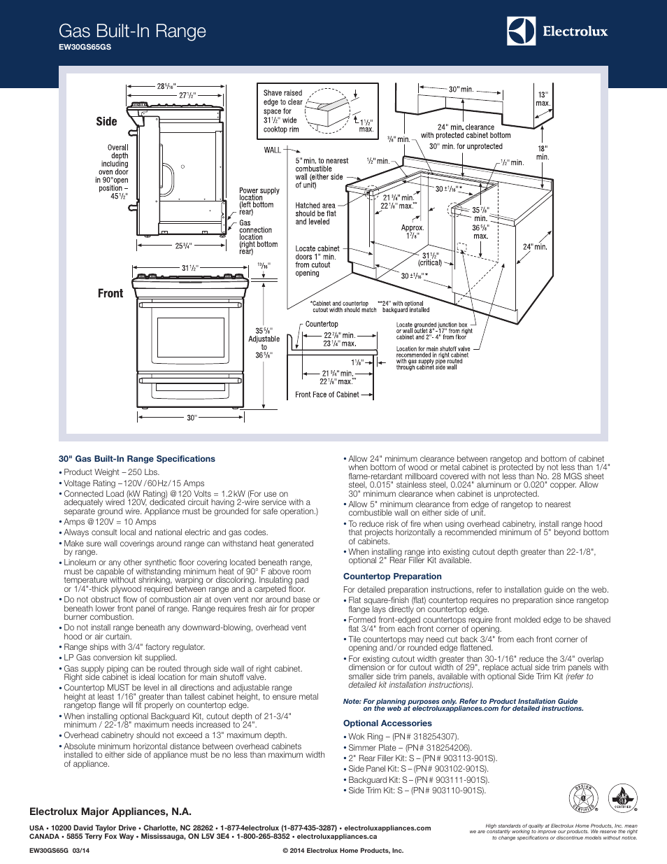 Gas built-in range, Electrolux major appliances, n.a | Electrolux EW30GS65GS User Manual | Page 2 / 5