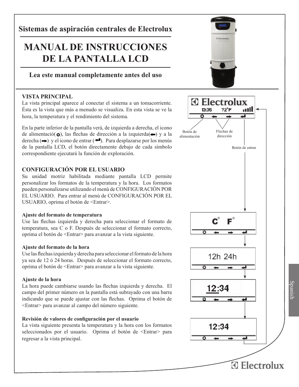 Manual de instrucciones de la pantalla lcd, Sistemas de aspiración centrales de electrolux, Lea este manual completamente antes del uso | Electrolux ZCV900 User Manual | Page 9 / 12