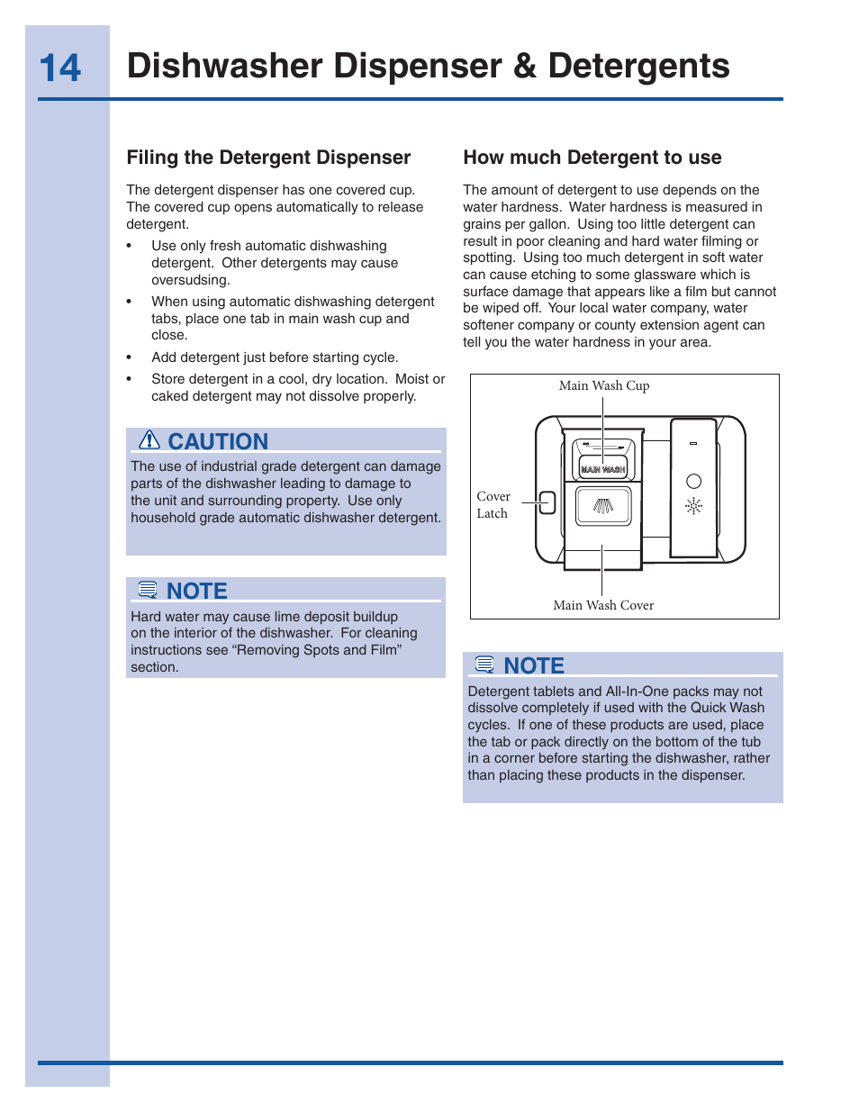 Dishwasher dispenser & detergents, Caution | Electrolux EI24ID50QS User Manual | Page 14 / 64