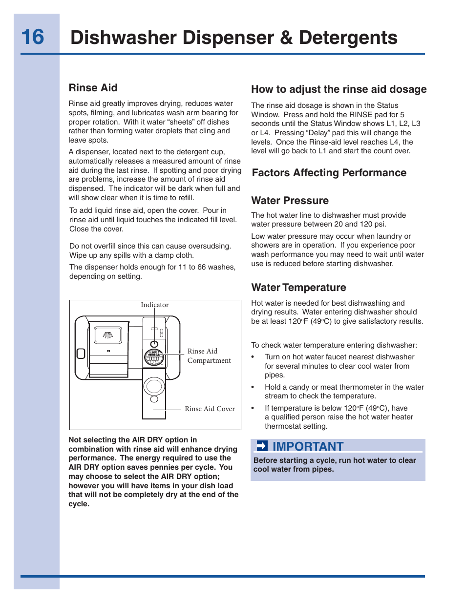 Dishwasher dispenser & detergents, Important, Rinse aid | Water pressure, How to adjust the rinse aid dosage, Water temperature, Factors affecting performance | Electrolux EI24ID50QS User Manual | Page 16 / 64