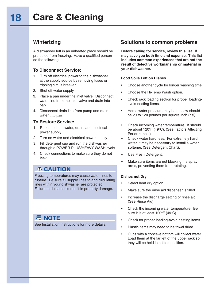 Care & cleaning, Caution, Winterizing | Solutions to common problems | Electrolux EI24ID50QS User Manual | Page 18 / 64