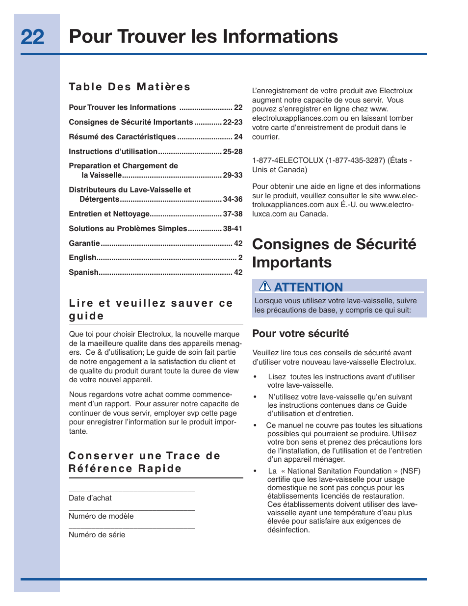 Pour trouver les informations, Consignes de sécurité importants, Attention | Electrolux EI24ID50QS User Manual | Page 22 / 64