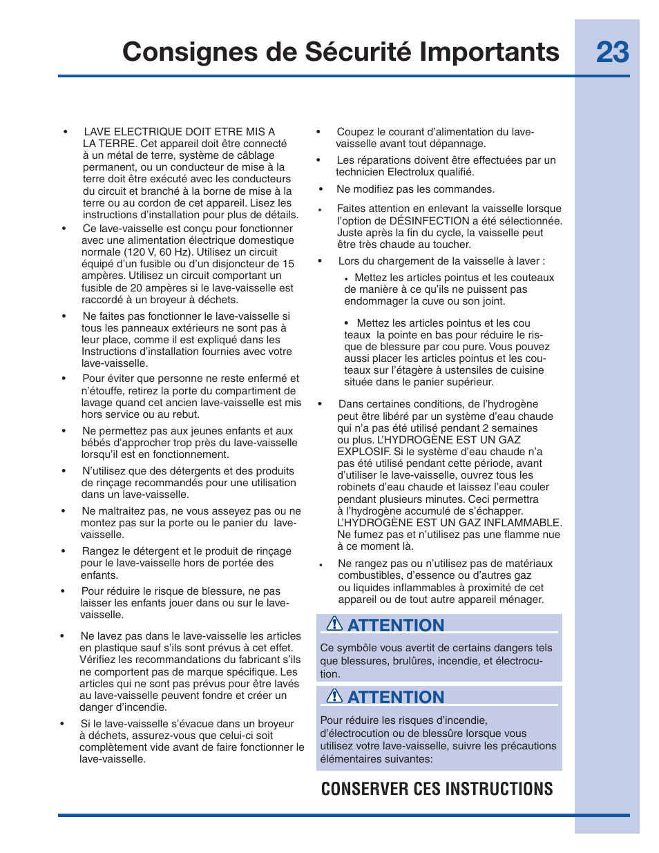Consignes de sécurité importants, Attention, Conserver ces instructions | Electrolux EI24ID50QS User Manual | Page 23 / 64