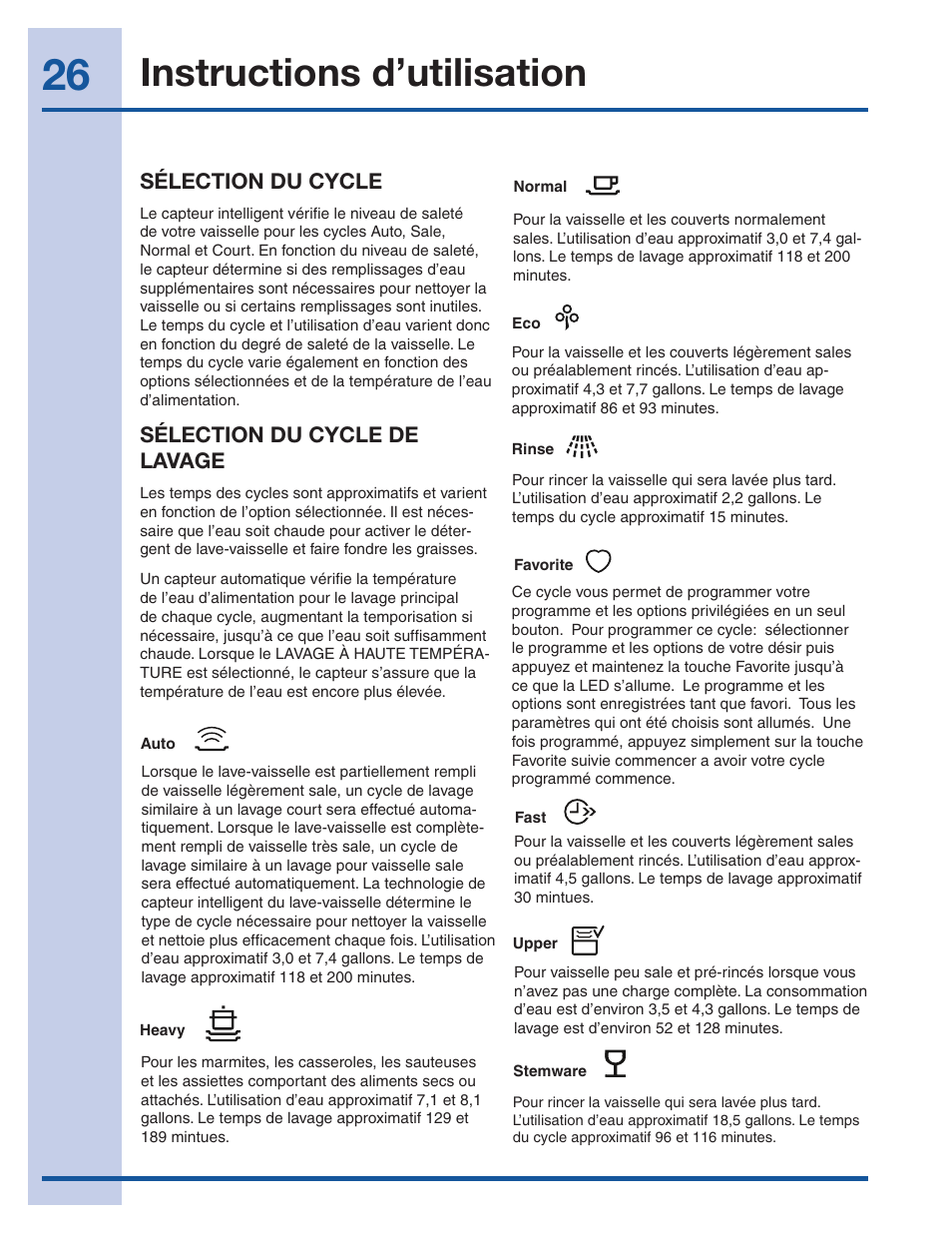 Instructions d’utilisation, Sélection du cycle, Sélection du cycle de lavage | Electrolux EI24ID50QS User Manual | Page 26 / 64