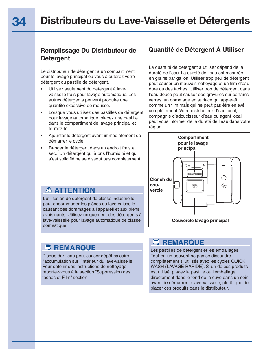 Distributeurs du lave-vaisselle et détergents, Attention, Remarque | Electrolux EI24ID50QS User Manual | Page 34 / 64