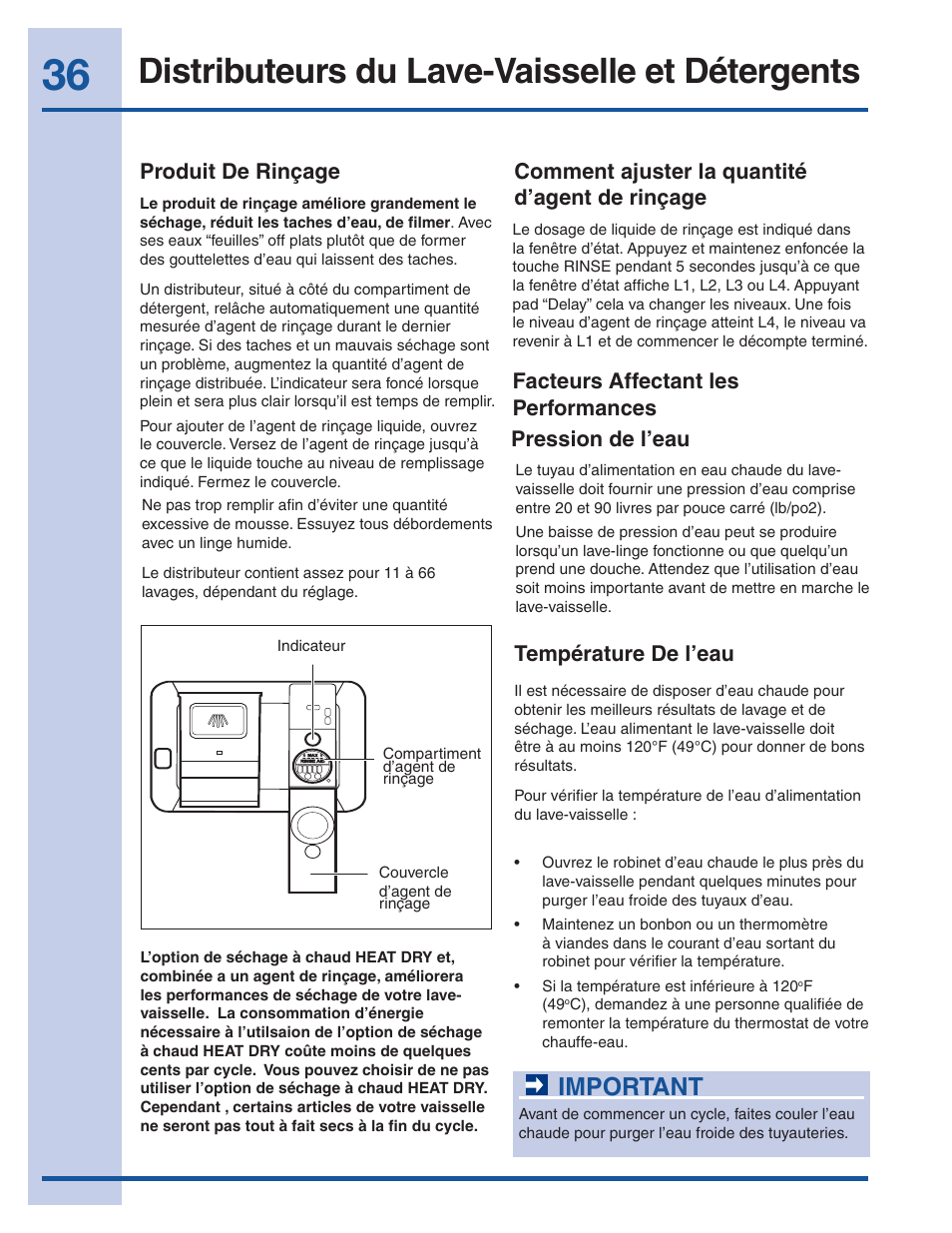 Distributeurs du lave-vaisselle et détergents, Important, Produit de rinçage | Pression de l’eau, Comment ajuster la quantité d’agent de rinçage, Température de l’eau, Facteurs affectant les performances | Electrolux EI24ID50QS User Manual | Page 36 / 64