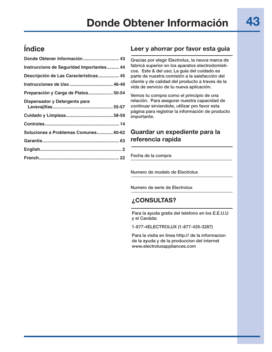 Donde obtener información, Índice | Electrolux EI24ID50QS User Manual | Page 43 / 64