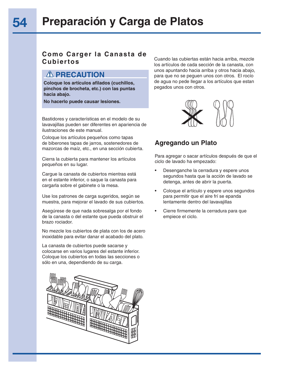 Preparación y carga de platos, Precaution | Electrolux EI24ID50QS User Manual | Page 54 / 64