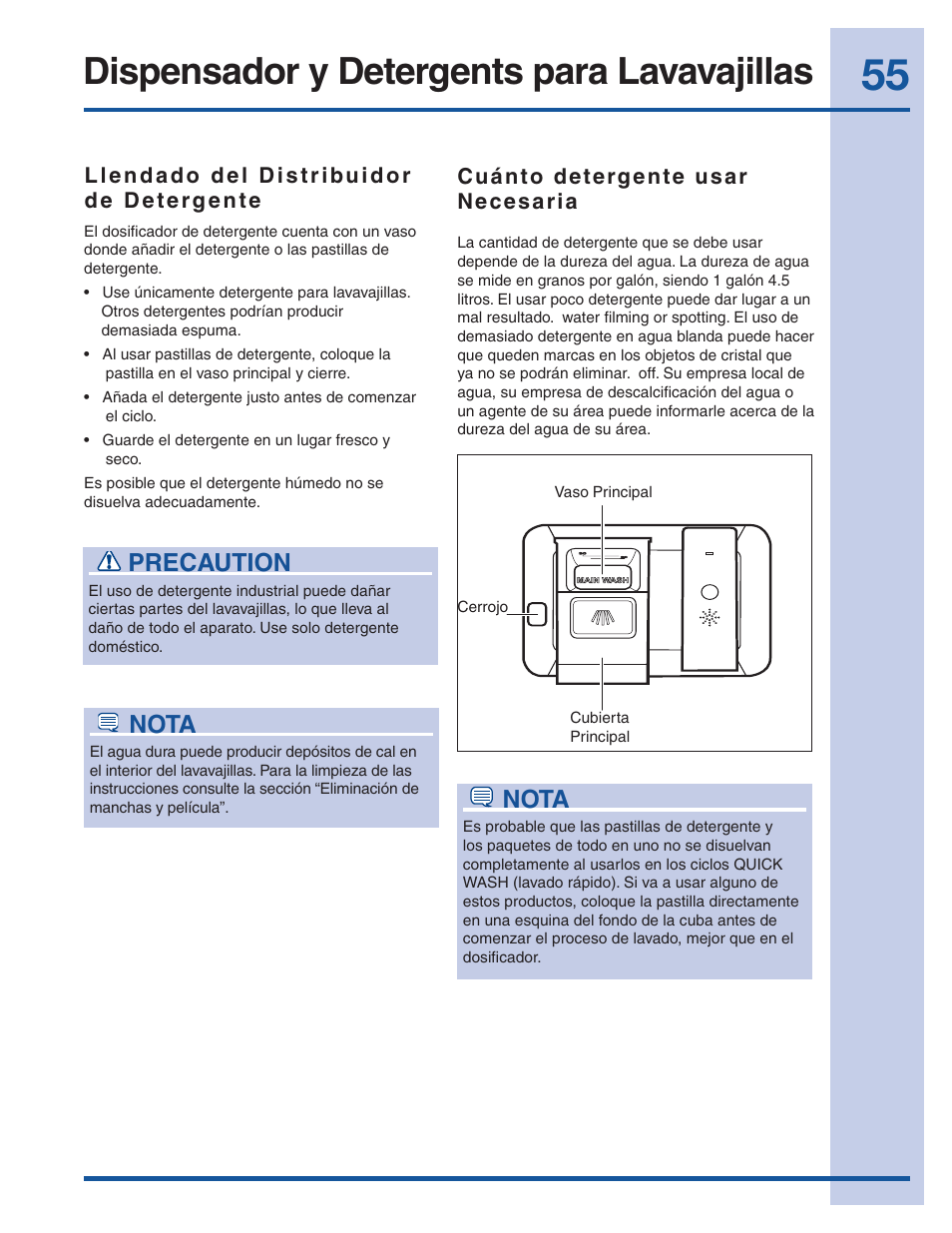 Dispensador y detergents para lavavajillas, Precaution, Nota | Electrolux EI24ID50QS User Manual | Page 55 / 64