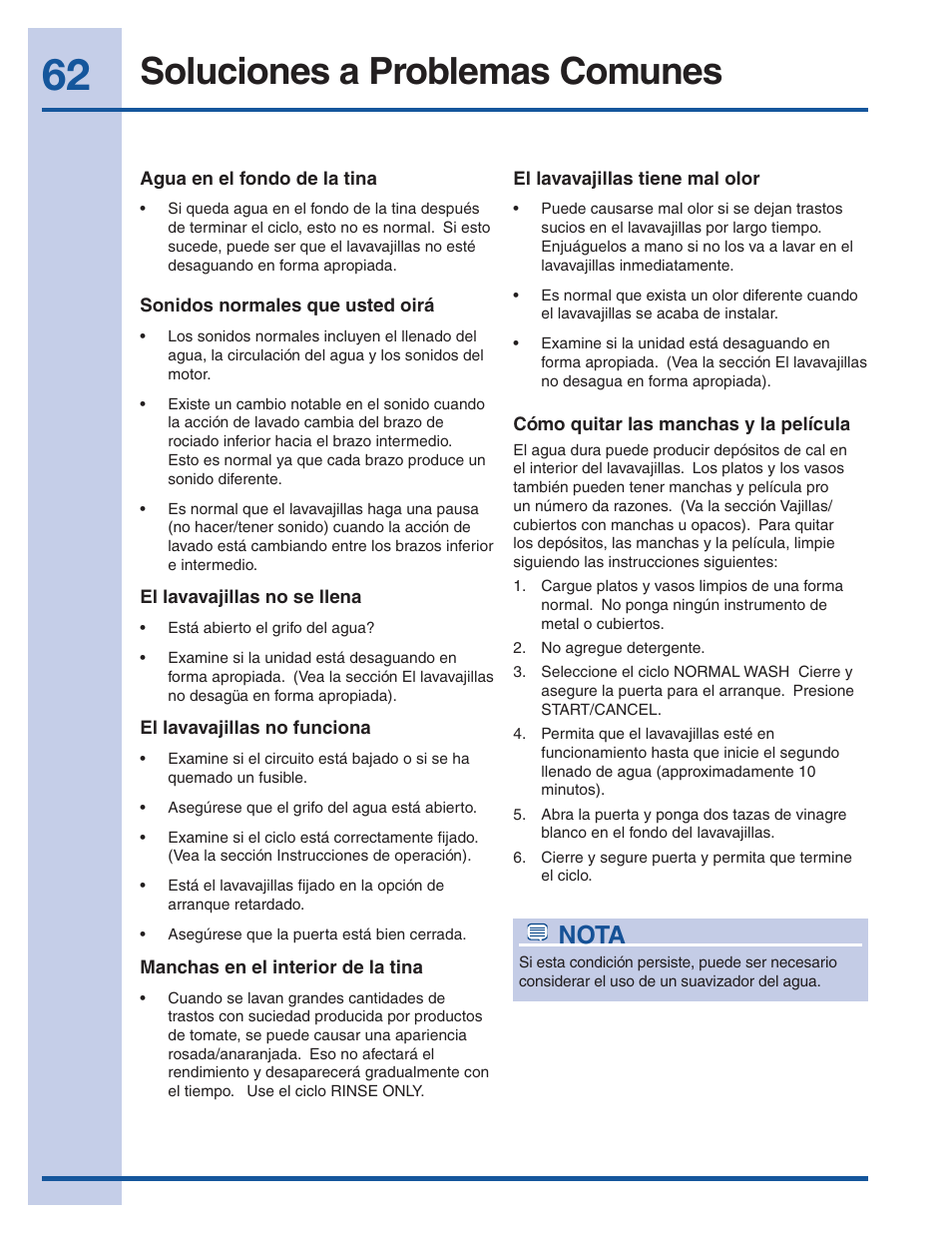 Soluciones a problemas comunes, Nota | Electrolux EI24ID50QS User Manual | Page 62 / 64
